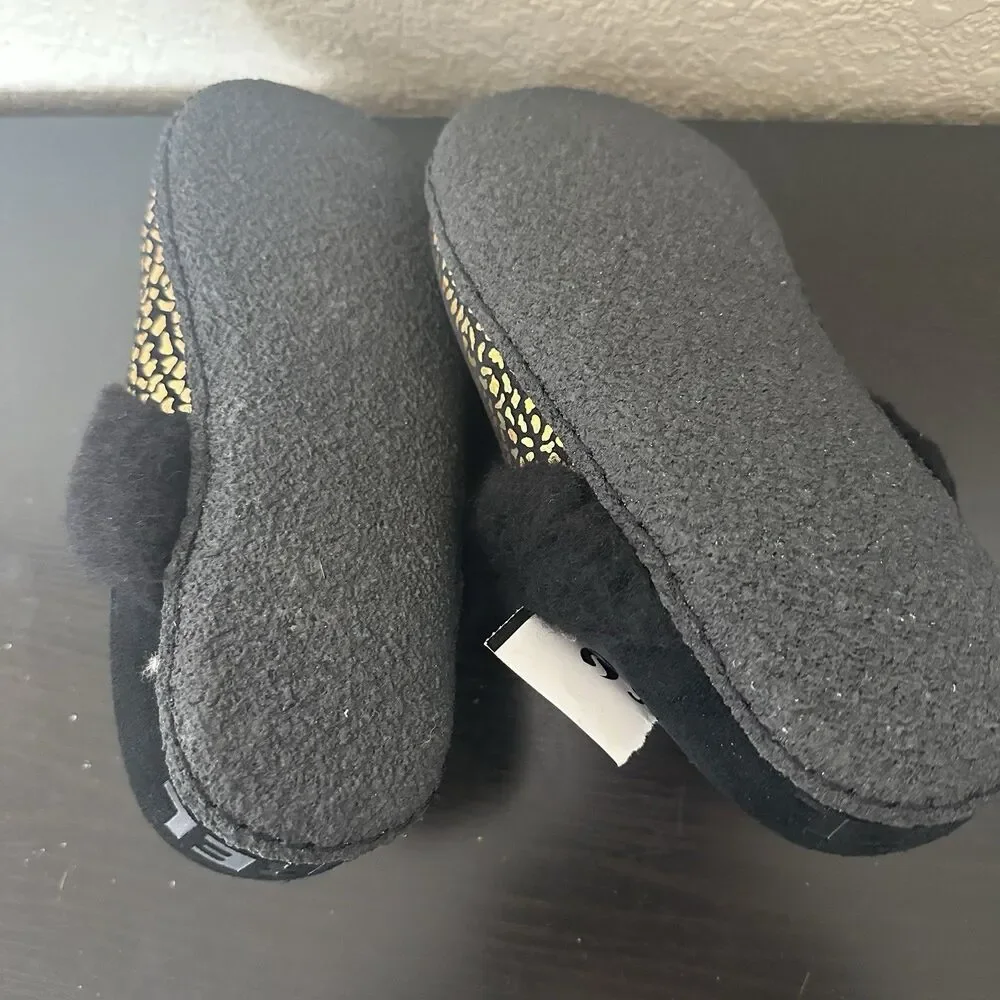 SOREL Nakiska Youth Girls Faux Fur Slippers Size 3 Black Gold Animal Print‎ Warm